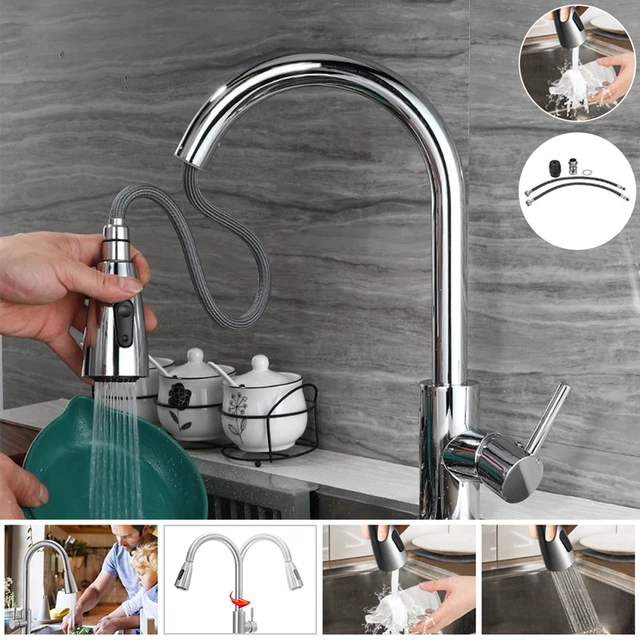 Kitchen Sink Mixer Taps Pull Out Single Lever Chrome Brass Spray Mono Tap Faucet