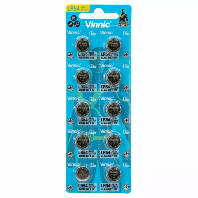 10 x Vinnic LR54 batteries L1131F AG10 Alkaline Button cells 189 V10GA 1.5V