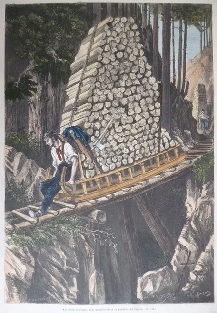 Couleur Gravure sur Bois - De Elsaß-lothringen : Des Holzschlittenbahn Im