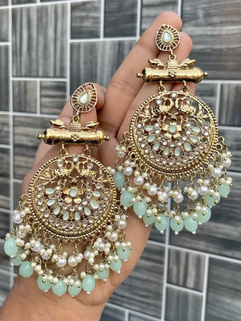 Indian Gold Plated Bollywood Style Kundan Chandbali Earrings Jewelry Set