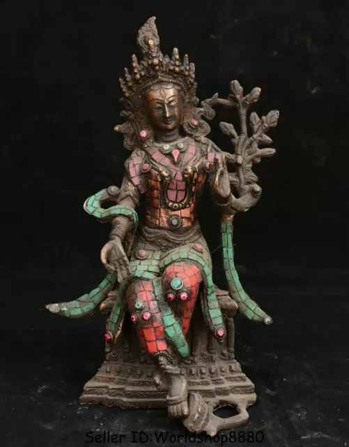 10.8" Antique Tibet Buddhism Bronze Turquoise 7 eyes White Tara Goddess Statue