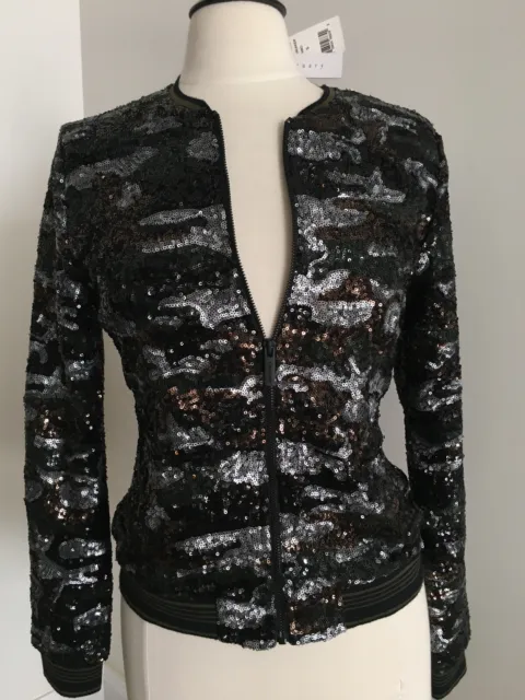 NWT Sanctuary Heartbreaker Black Camo Sequin Full Zip Bomber Jacket Top size S 2