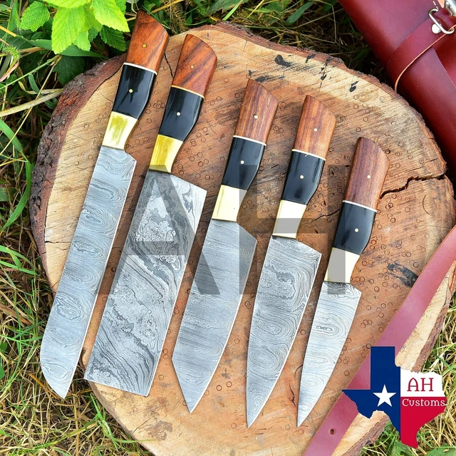 5 Hand Forged Damascus Steel Chef Kitchen Knife Set Wood Handle +Sheath Ah .1479