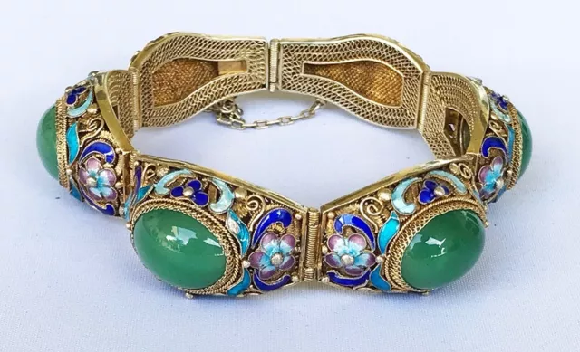 Vintage Chinese Export Gold Plated Silver Enamel Filigree Jade Bracelet 7"