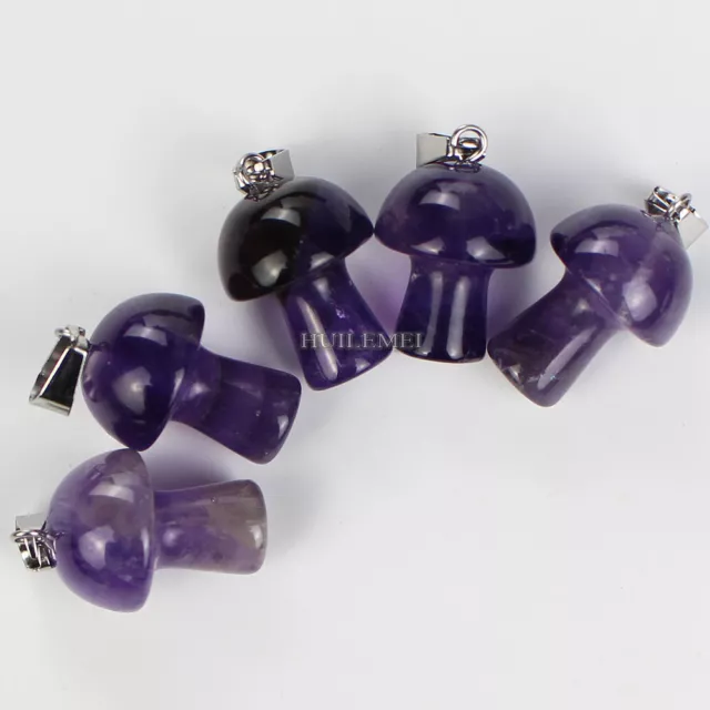 5pcs Natural Amethyst Gems Stone Mushroom Pendants Reiki Chakra Healing Amulet