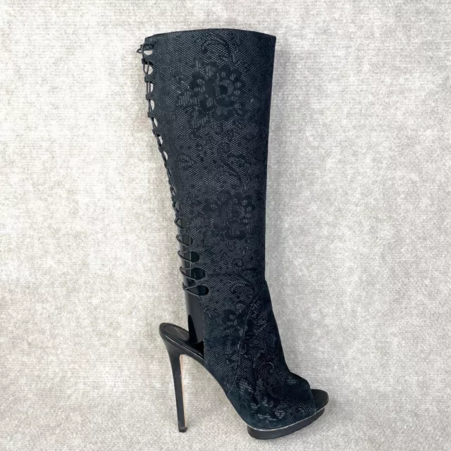 B Brian Atwood Boots Womens 9.5 Charlette Black Knee High Peep Toe Heel Lace Zip