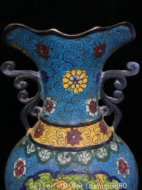 14.8" Old China Qianlong Marked Bronze Cloisonne Flower Bird Pair Ear Vase Pair 3
