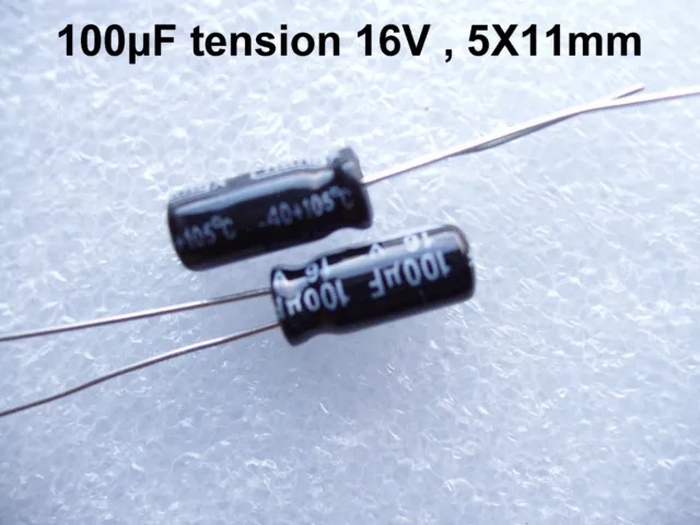 condensateur électrolytique / électrochimique 100uF tension 16V , 5x11mm réf30.6