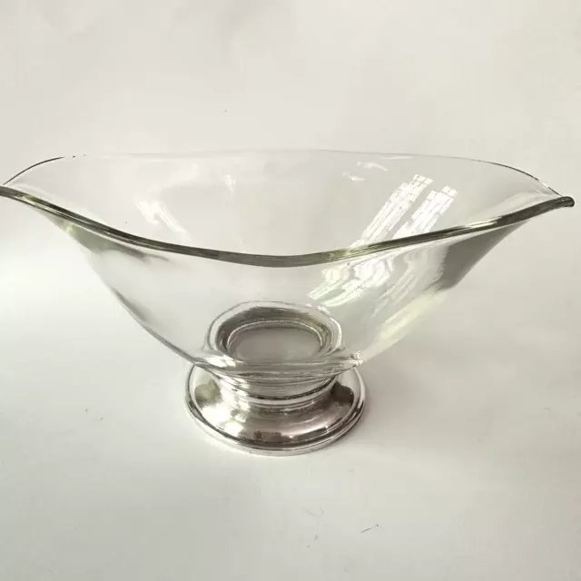 Sterling Silver Base Glass Sauce Bowl Gravy Boat Footed Double Spout Lip Vtg MCM