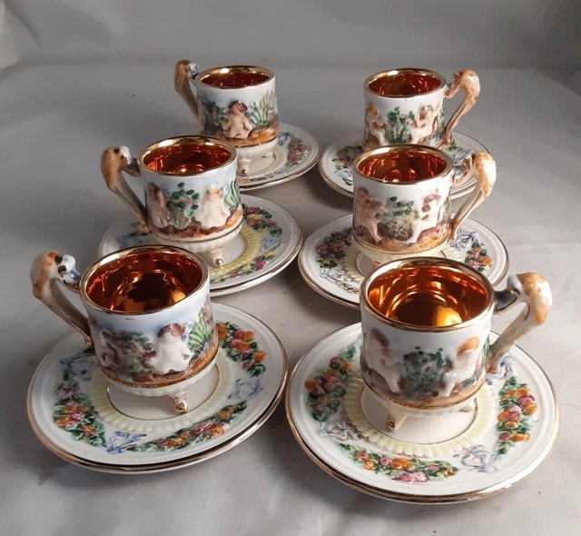 6 GV CAPODIMONTE Italy Demitasse Espresso Cup & Saucer Gold Accent
