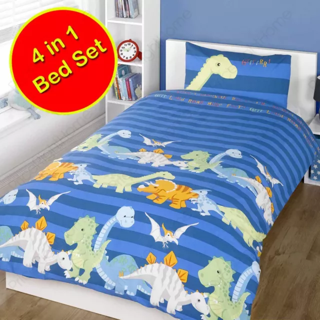 Dinoasurs Azul 4 IN 1 Menor Paquete de Ropa de Cama Funda de Edredón Conjunto