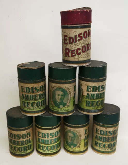 8 x Edison 4 Minute Cylinder Boxes & Lids with 6  Broken Cylinder Records