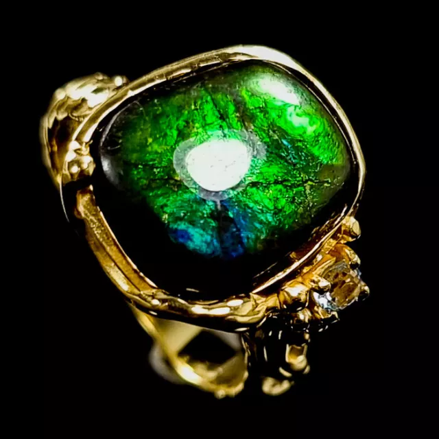 Jewelry Handmade 10 ct+ Ammolite Ring 925 Sterling Silver Size 8.5 /R343876