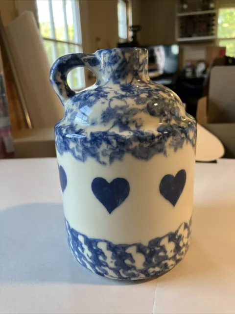 Gerald Henn Blue Spongeware Pottery  Workshops JUG with Hearts 5.5"