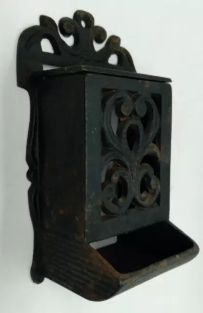 Vintage Cast Iron Match Box Holder 4" x 7-1/4" Ornate Wall Mount Metal Victorian