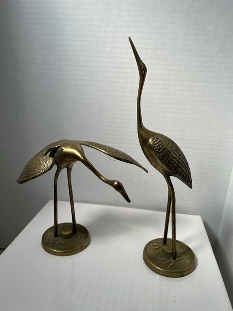 Vintage Pair of Crane Heron Egret Bird Figurines Brass Mid Century Modern 12”