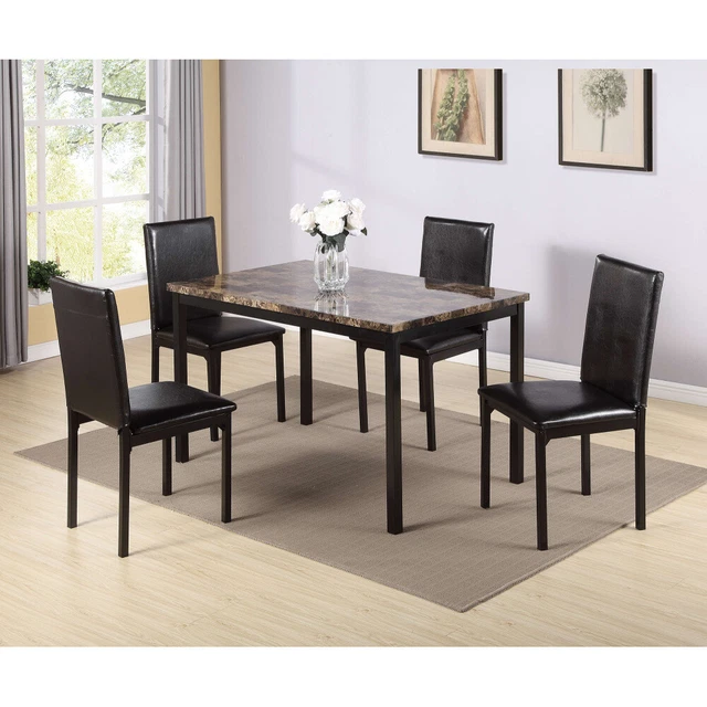 5-Piece Metal Dining Set Faux Marble Top Table and 4 Chairs Kitchen Furniture US