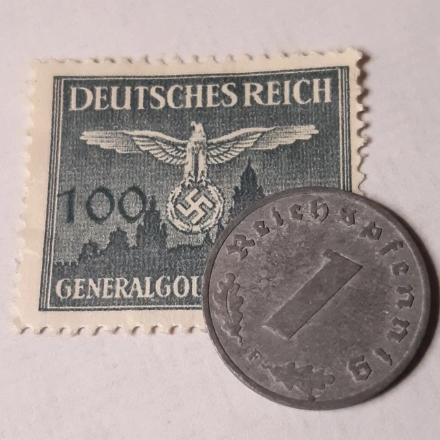 One 1943-F 1 Reichspfennig Penny , + WW2 German Stamp , Circulated Pieces