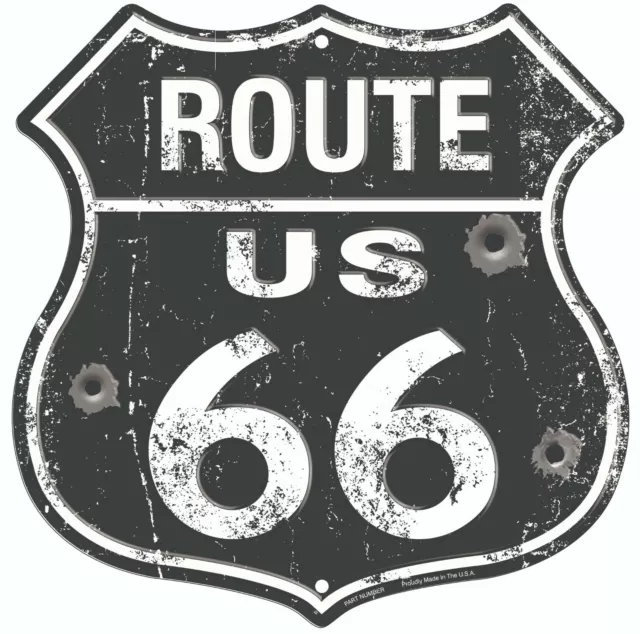 Route 66 Shield Black With Bullet Holes Distressed Embossed Metal Sign 12x12