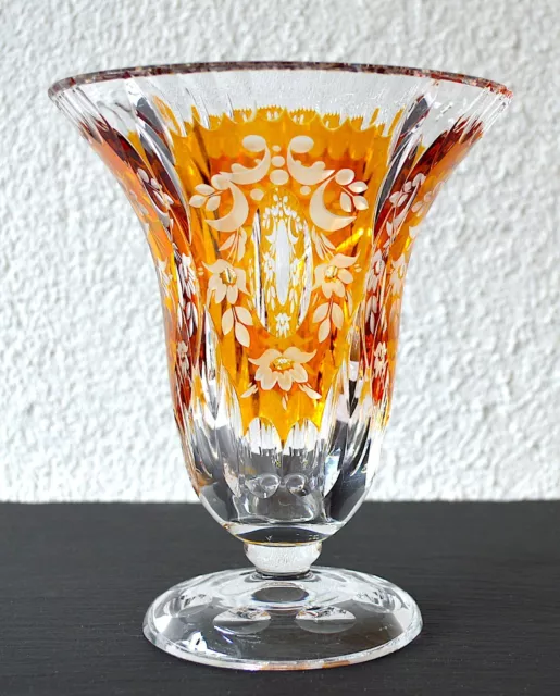 Antik Art Déco Josephinenhütte Kristall Glasvase Vase Bernstein Amber Gelb