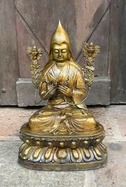 Ancienne Statue bronze Lama Je Tsongkhapa 40 cm Bouddha Dalai Lama Tibet Népal I