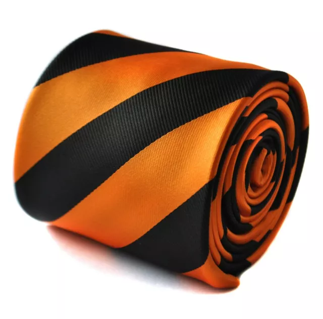 Frederick Thomas Designer Mens Tie - Black & Orange - Repp Club Striped