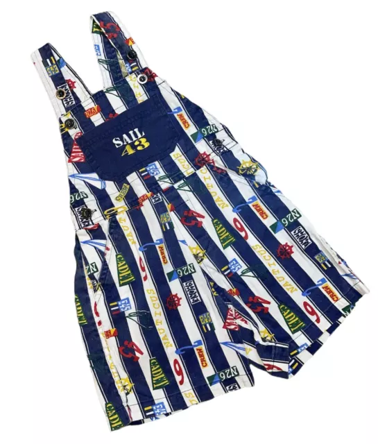 Vintage Kids 4T Toddler Sailing Crew Flag Denim Shorts Overalls Outfit RARE!