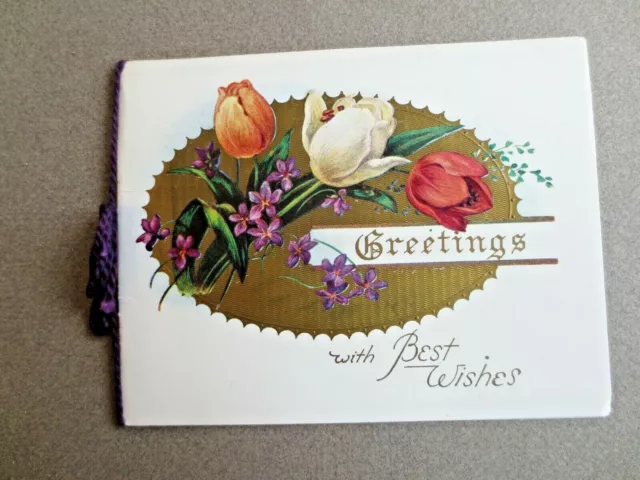 Vintage CHRISTMAS Card 1930s Greetings Tulip & violet flowers Gold Background