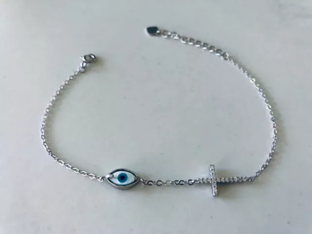 925 Sterling Silver Evil Eye Mati Nazar Chain Bracelet MOP Mother Pearl