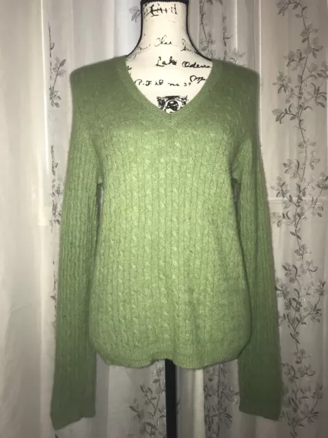 Macy's Charter Club 2-Ply 100% Cashmere Green V-Neck Sweater Cable Knit Size L