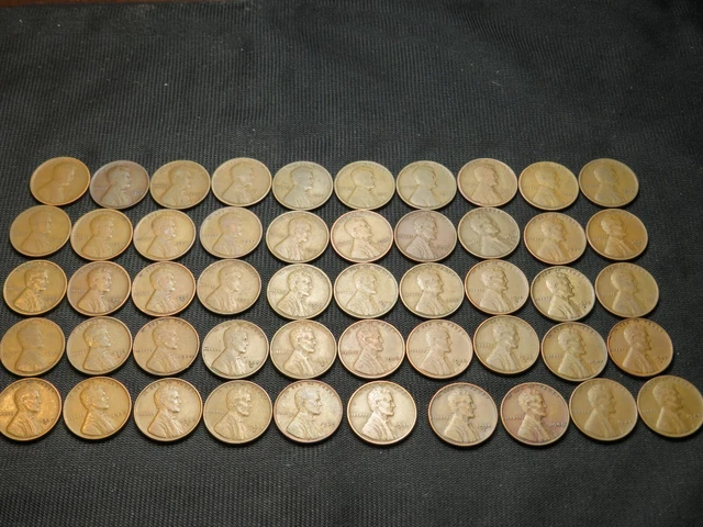 1909-1940 Lincoln Wheat Cent Penny roll lot 50 different coins old US Copper
