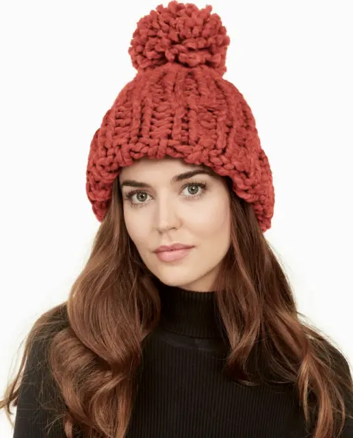 Marcus Adler Women's Chunky Knit Pom Pom Winter Beanie Hat Rust Brown