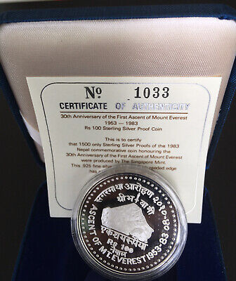 NEPAL 1983 Rs 100 EVEREST PROOF silver coin w/Hillary Tenzing signed certificate