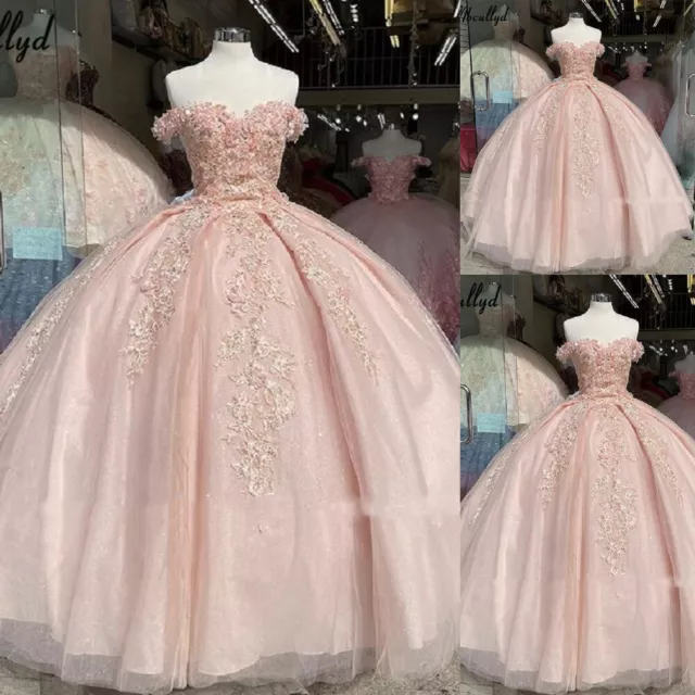 Pink Quinceanera Dresses Ball Gown Beaded Off The Shoulder Floral Sweet 16  Dress