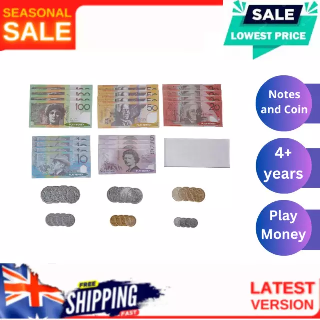 44 Piece Australian Play Money Set Fake Australian Coins and Notes Kids Toys