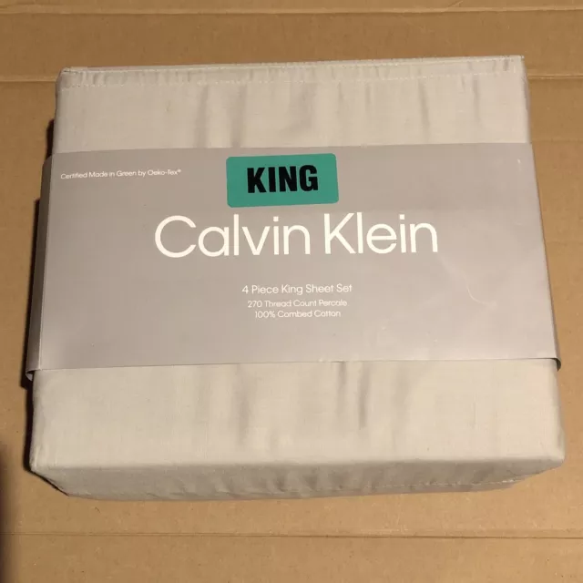 Calvin Klein 4 Piece King Sheet Set Light Grey 270 Thread Count Percale