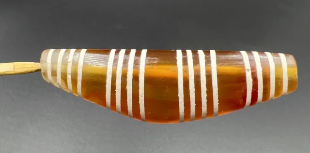 South East Asian Burmese Antique Etched Painted Carnelian Agate Stone Bead