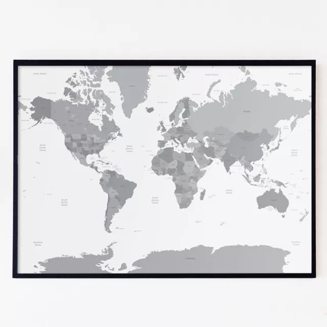 Large A1 White Grey Map of the World Poster Print Wall Art Decor Globe Atlas