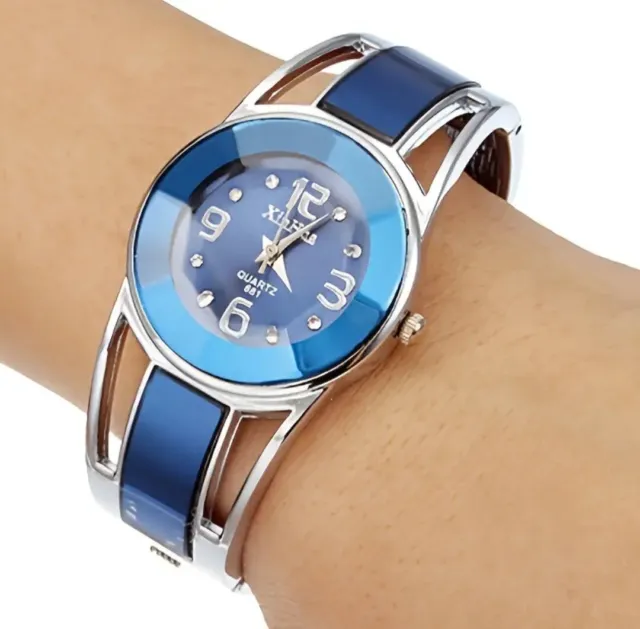 Armbanduhr Uhren Damen Frauen Strass Quarz Blau Silber Modeschmuck Geschenk Neu
