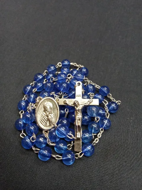 Vintage Five Decade Rosary Blue Beads Silver Tone Crucifix 59 Beads Jesus Center