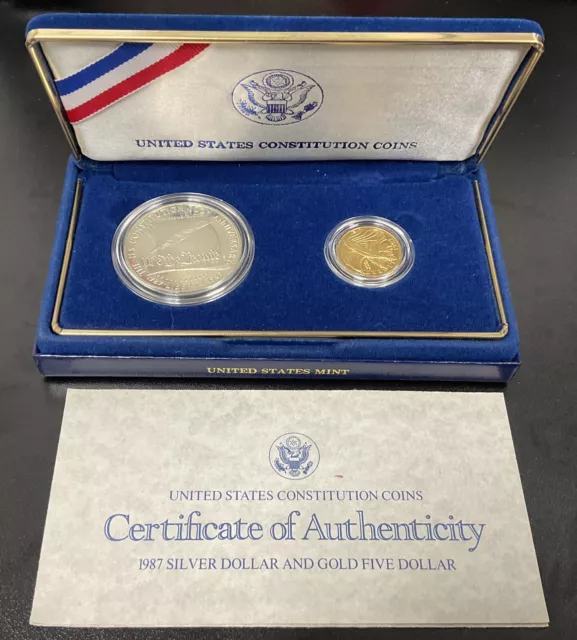 1987 US Constitution 2 coin set COA 5$ gold 1$ Silver Proof Set in Box