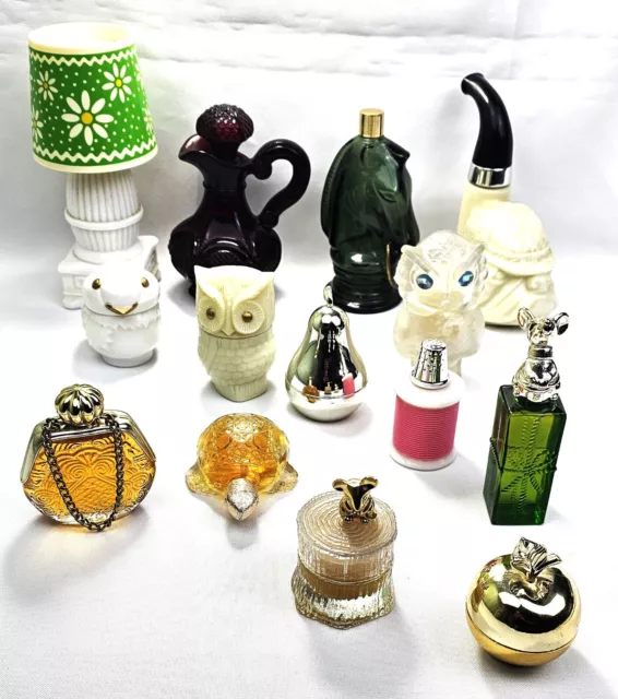 Avon Bottles Full Mouse Owls Chick Purse Apple Pear Turtle Thimble Bull Dog Lamp