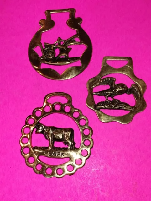 Vtg. Brass Equestrian Medallions,  Lot of 3,  Cattle, Mean Bird, Homestead, VGC