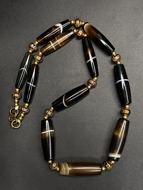 Old Ancient  Antique old Banded agate beads necklace from Angkor Cambodia