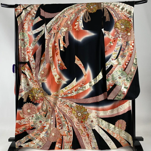Japanese kimono Furisode long sleeves Vintage pure silk black Noshi flower Blur