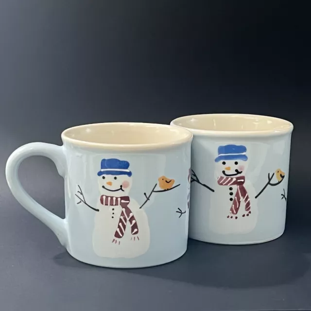 Set of 2 Hartstone Pottery SNOW PEOPLE Snowman Blue Christmas Mugs USA 3.75"