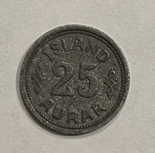 1942 Iceland 25 Aurar World Coin