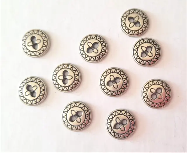 10 Metal antique silver col 2 hole buttons 12mm