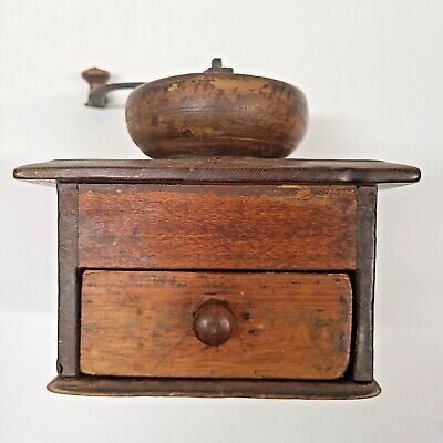 c. Early 1800's Wood Coffee Grinder with Iron Turn Handle Signed, Work's