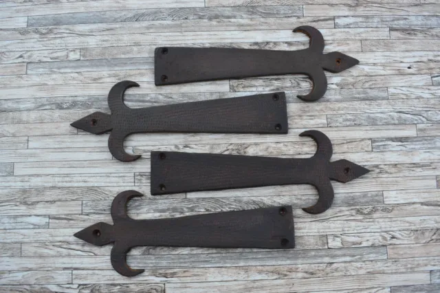 4p Vtg French Style Cast Iron Door Gate Dummy Hinges Salvage Farm Barn Deco 9.5"